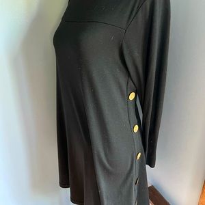 Black cotton long sleeved asymmetrical dress with buttons
